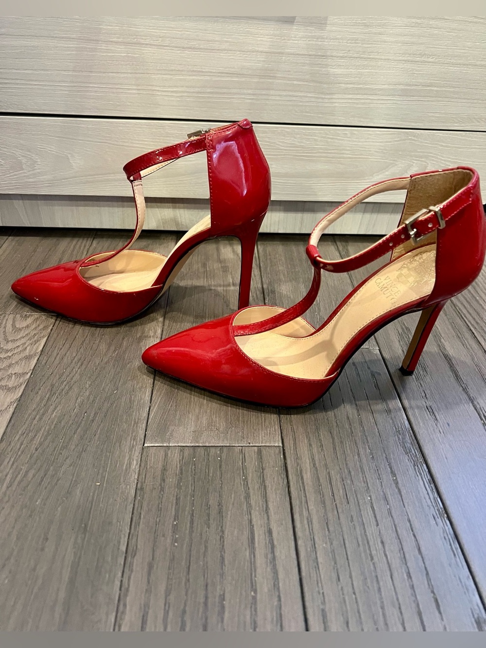 Vince Camuto Red Patent T-Strap Pointed Toe Stilettos
